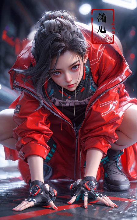 606247209521968577-3010406465-CG masterpiece, 3D Chinese girl, angelic face, techno-cool style, dressed in cyberpunk mixed with Chinese style clothing, crouch.jpg